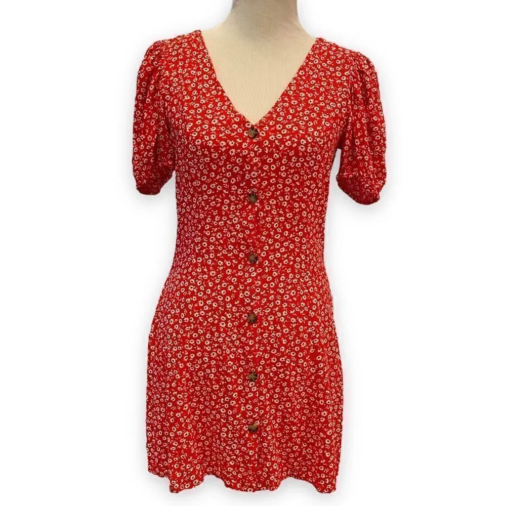 H&M Red Ditsy Floral Boho Festival Shortsleeved Flowy Mini Button Front Sundress